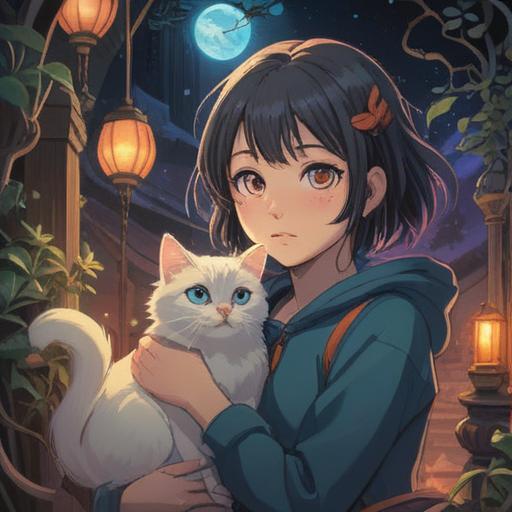A spiritual illustration depicting the bond between a person and a cat, soft ethereal lighting, mystical symbols around them, serene expression on the person's face, gentle feline presence, intertwined energy flowing between them, tranquil natural setting, harmonious connection, 4k