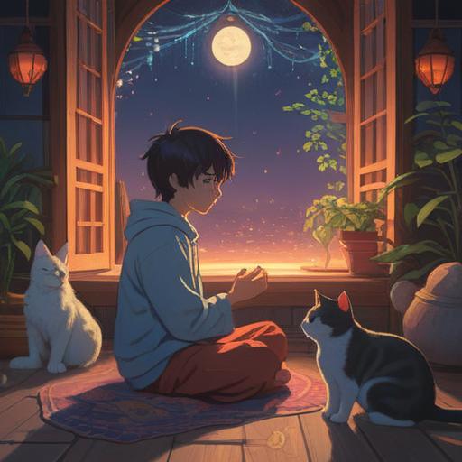 A tranquil scene depicting a person meditating with a cat by their side, glowing aura around the cat, soft ethereal lights symbolizing spiritual signs, intricate patterns in the background representing energy flow, peaceful nature setting, serenity and connection with the universe, harmonious coexistence, 4k
