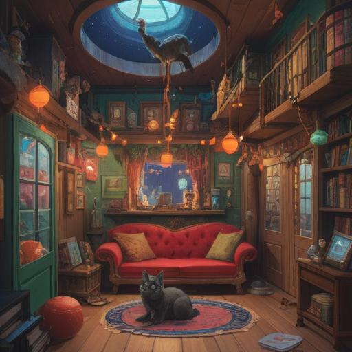 A charming illustration of a cozy room filled with lucky items for deepening bonds with a cat, colorful charms hanging from the ceiling, a playful cat interacting with a lucky bamboo plant, vibrant cat toys scattered around, soft sunlight streaming through the window, warm and inviting atmosphere, whimsical details and rich textures, 4k