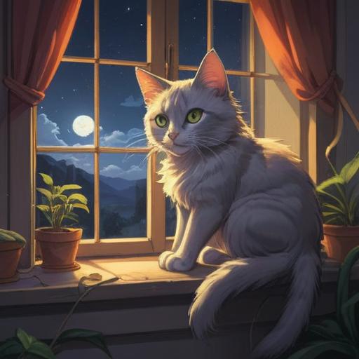 A serene illustration of a mystical cat perched on a windowsill, soft glow of moonlight illuminating its fur, ethereal atmosphere, lush plants surrounding the space, spiritual symbols subtly integrated into the scene, a feeling of calm and protection, deep connection between nature and the feline, enchanting colors, 4k