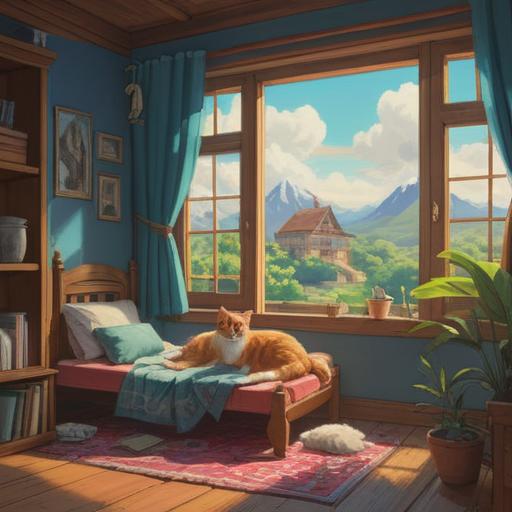 A serene composition depicting a cozy home with a cat lounging peacefully by a sunlit window, symbols of spirituality subtly integrated, such as gentle light rays illuminating the space, a sense of tranquility and harmony, a nurturing atmosphere, soft textures, plants surrounding the scene, conveying good fortune and positive energy, captivating yet soothing imagery, 4k