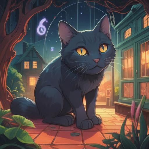 A mystical and serene illustration of a cat with ethereal glowing eyes, surrounded by floating symbols of protection and intuition, a peaceful home setting with soft, diffused light, subtle hints of nature like plants and crystals, soothing color palette, representing spiritual signs and connections, 4k