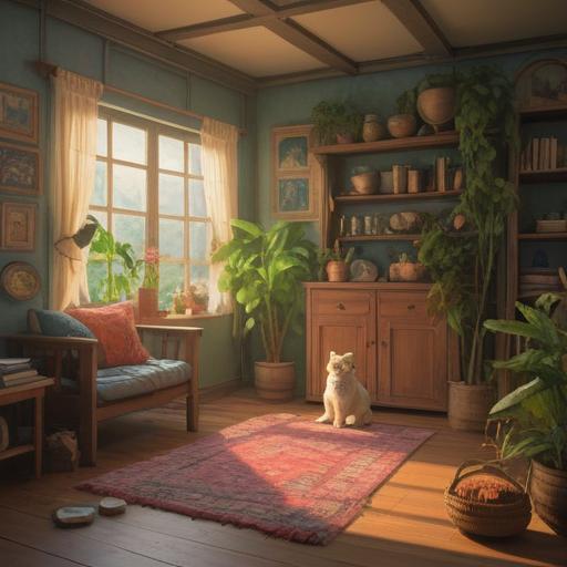 A cozy living space filled with lucky cat figurines, soft sunlight streaming through the window, vibrant indoor plants, warm textures, a comfortable cat bed in the corner, colorful decorations, peaceful atmosphere, inviting and harmonious design, 4k