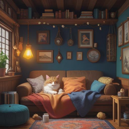 A cozy room decorated with soft cushions and warm lighting, a content cat lounging peacefully on a plush blanket, a human gently petting the cat, various cat toys scattered around, a window with sunlight streaming in, plants adding a touch of nature, inviting atmosphere, sense of connection, heartwarming interaction, 4k