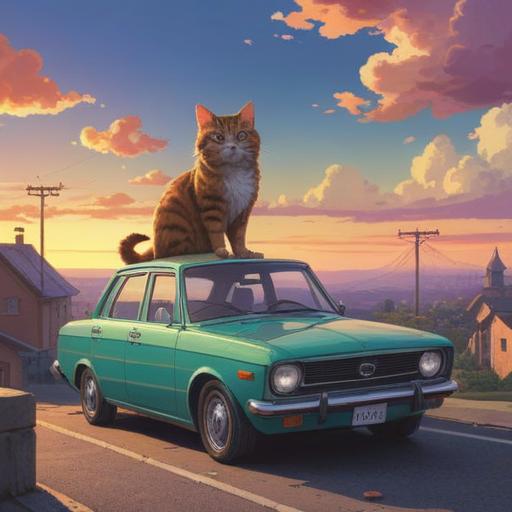 A serene illustration of a cat perched on a car roof, symbolizing freedom and independence, magical aura surrounding the cat, bright sky reflecting the dawn, gentle sunlight illuminating the scene, tranquil suburban neighborhood in the background, soft pastel colors, peaceful atmosphere, spiritual connection between the cat and the universe, 4k