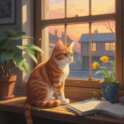 A serene scene of a cat sitting peacefully on a windowsill, sunlight streaming through the window, soft glowing aura around the cat, mystical symbols gently floating in the air, lush greenery outside, a feeling of tranquility and spiritual connection, warm colors, inviting atmosphere, 4k
