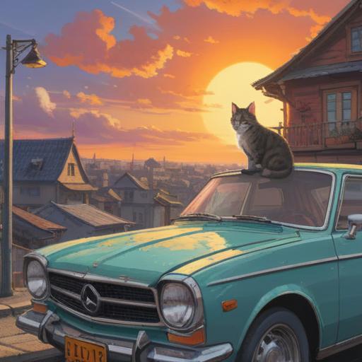 A serene scene of a cat sitting on the roof of a car, gazing thoughtfully into the distance, the cat radiating a mysterious aura, colorful spiritual symbols subtly surrounding it, a calming sunset backdrop, reflective car surface, gentle breeze rustling the fur, enchanting atmosphere, 4k