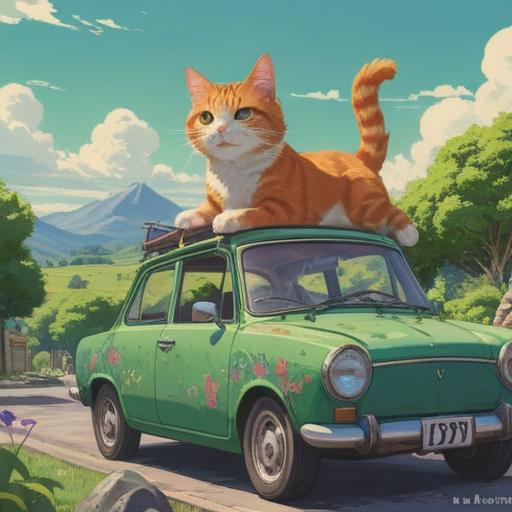 A cat sitting on top of a car, symbolizing good luck, sunny day, vibrant green surroundings, playful scene, whimsical expression on the cat’s face, car with shiny paint reflecting sunlight, detailed urban background, enchanting atmosphere, high-resolution