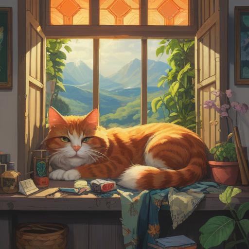 A serene illustration of a content cat resting on a windowsill, sunlight streaming through the window, symbolic elements of fortune surrounding the cat like coins and four-leaf clovers, a lush garden visible outside, soft pastel colors, peaceful atmosphere, harmonious energy, inviting warmth, 4k