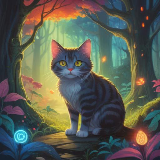A serene scene of a curious cat approaching with an ethereal glow, surrounded by mystical symbols, soft light filtering through ancient trees, tranquil garden setting, vibrant flowers, gentle play of shadows, hint of spirituality, harmonious atmosphere, 4k