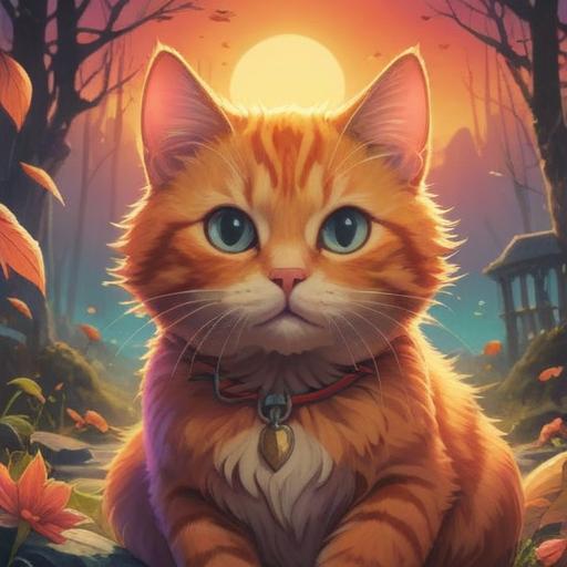 A serene scene featuring a cat approaching with a gentle gaze, surrounded by a warm, glowing aura, symbolizing spiritual guidance, soft sunlight filtering through trees, lush greenery in the background, tranquil atmosphere, hints of whimsical magic, inviting and comforting, 4k