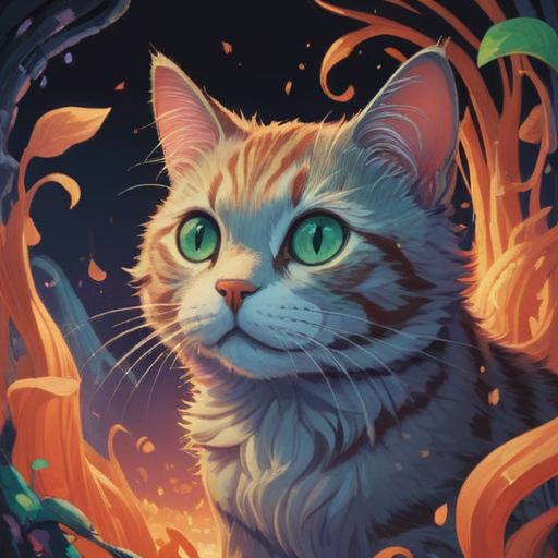 A serene and mystical illustration of a cat approaching with gentle eyes, glowing aura surrounding the cat, delicate symbols floating in the air, soft light filtering through trees, ethereal atmosphere, guardian spirit vibes, harmonious colors, detailed nature background, calming presence