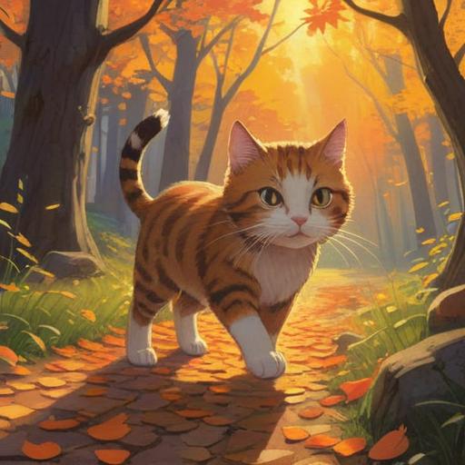 A charming scene of a cat approaching with a lucky charm, warm sunlight filtering through trees, gentle autumn leaves falling, the cat's fur glistening softly, a small, colorful talisman hanging from its collar, a serene park background, inviting atmosphere, whimsical and heartwarming, 4k
