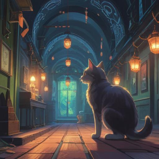 A serene scene depicting a cat approaching a person, ethereal aura surrounding the cat, soft glowing lights, symbolizing protection and intuition, vibrant colors, a tranquil garden setting, lush greenery, blooming flowers, spiritual connection, peaceful ambiance, 4k