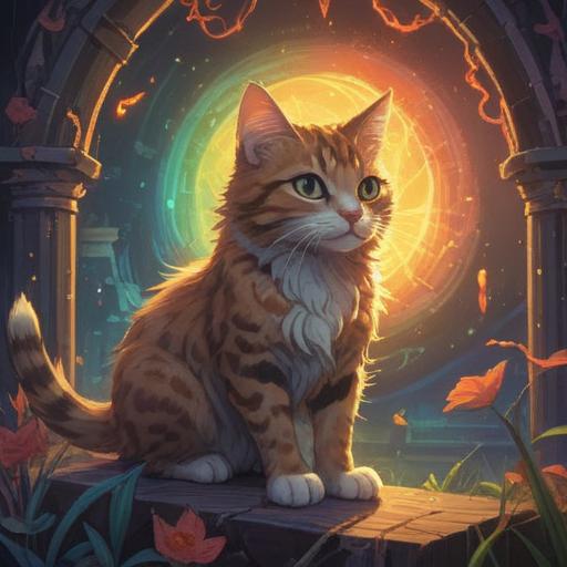 A mystical illustration of a cat approaching, ethereal glow surrounding the cat, spiritual symbols in the background, gentle aura of intuition, subtle energy waves, calm and serene atmosphere, nature elements like flowers and trees, enchanting night sky, 4k