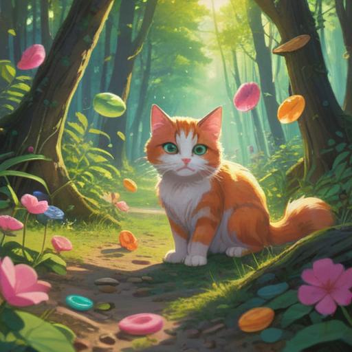 A cat approaching curiously, colorful lucky charms scattered on the ground, soft sunlight filtering through trees, gentle breeze rustling leaves, warm and inviting atmosphere, vibrant colors, charming cat expression, serene outdoor setting, dappled shadows, 4k