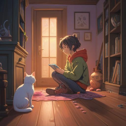 A serene indoor scene depicting a person interacting gently with a cat, soft lighting, the person sitting on the floor, offering a toy to the cat, a cozy environment with cat trees and scratching posts, warm colors, emotional connection, focused expressions, 4k