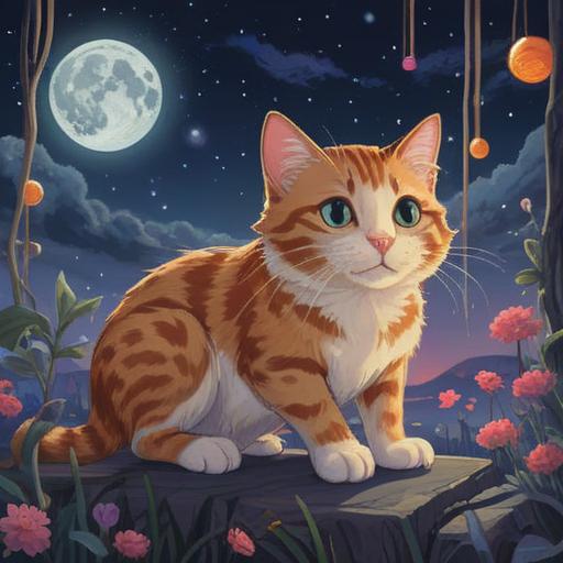 A serene and mystical scene, a curious cat gazing at a twinkling starry night sky, surrounded by gentle glowing orbs of light, lush green grass and blooming flowers, a sense of calm and curiosity, soft ethereal glow, representing spiritual insight and intuition, whimsical atmosphere, 4k