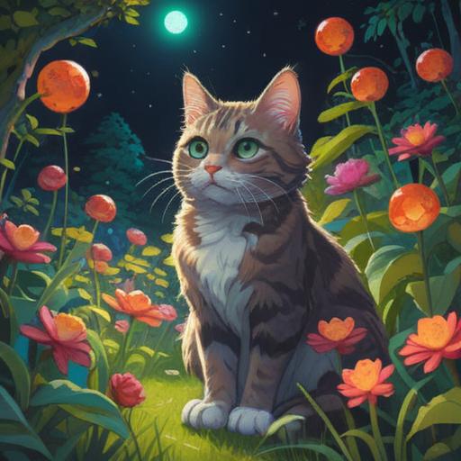 A serene illustration of a curious cat gazing at sparkling orbs of light, surrounded by a tranquil garden filled with blooming flowers, soft sunlight filtering through trees, a sense of mystery and spirituality, uplifting atmosphere, harmonious colors, holistic symbolism, 4k