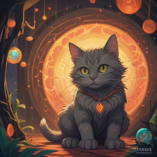 A mystical scene featuring a curious cat gazing at ethereal orbs of light, surrounded by subtle symbols of spirituality, such as feathers and crystals, a soft, tranquil aura enveloping the space, hints of celestial elements like stars and moons in the background, vibrant colors contrasting with the serene atmosphere, 4k