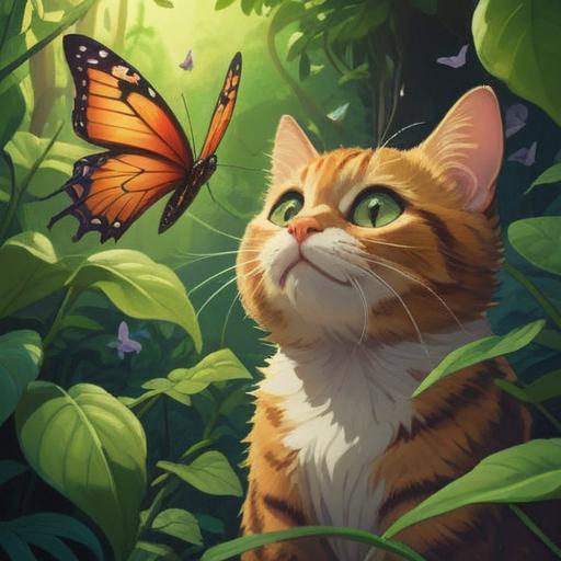 A curious cat observing a butterfly, bright sunlight filtering through green leaves, playful posture, wide eyes full of wonder, vibrant colors, dynamic movement, detailed fur texture, charming and whimsical scene, 4k