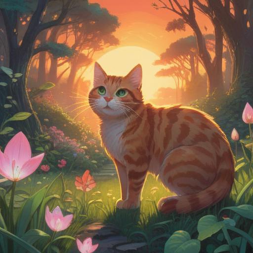 A serene illustration of a cat approaching a person, soft glowing aura around the cat, ethereal light, tranquil setting in a peaceful garden, symbolism of connection and intuition, calming presence, vibrant nature, gentle expressions, 4k