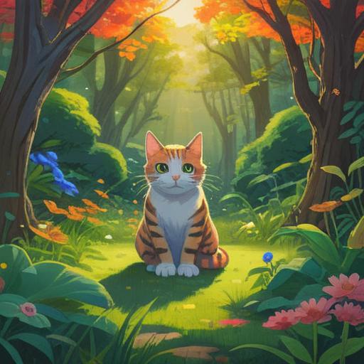 A mystical scene featuring a gentle cat approaching a serene figure meditating in a lush garden, warm sunlight filtering through the trees, colorful flowers blooming, a sense of peace and tranquility, spiritual symbols subtly integrated, ethereal ambiance, 4k