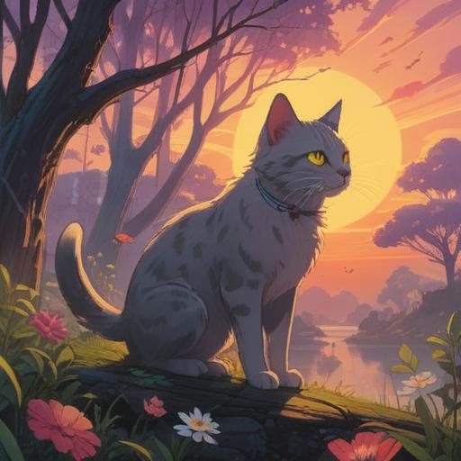 A mystical scene depicting a cat approaching, ethereal glow surrounding it, symbols of intuition and awareness in the air, soft rays of light illuminating the path, nature elements like flowers and leaves, a serene atmosphere, magical realism, and enchanting details, 4k