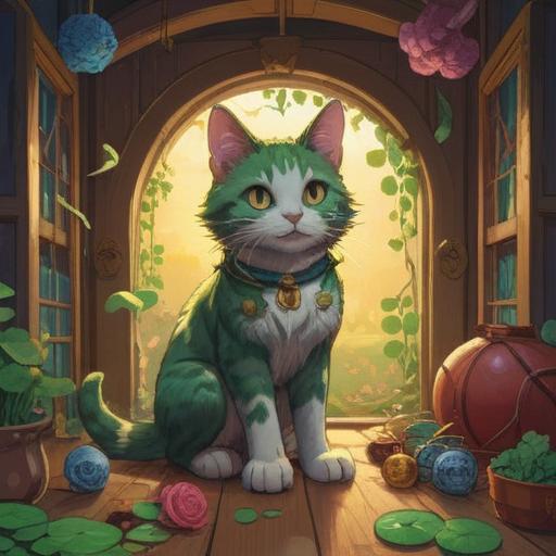 A heartwarming scene of a cat approaching, surrounded by lucky items like a four-leaf clover, a horseshoe, and a good luck charm, soft sunlight filtering through trees, a cozy garden setting, vibrant flowers in bloom, a playful and curious cat, cheerful atmosphere, 4k