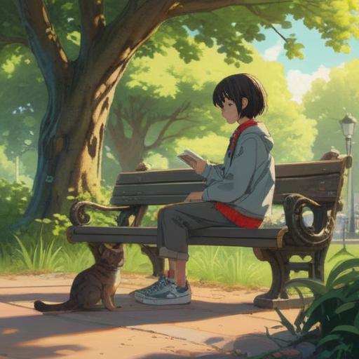 A serene scene depicting a person sitting on a park bench, gently petting a cat, sunlight filtering through the trees, warm connection, soft expressions, joyful moments, bond between human and cat, peaceful environment, vibrant greenery, 4k