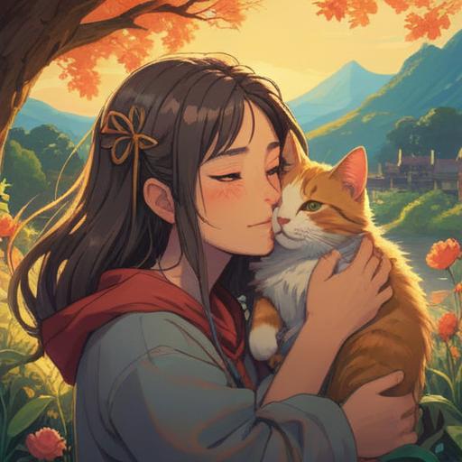 A serene illustration of a cat gently nuzzling against its owner, symbolizing spiritual connection and affection, warm sunlight streaming through a window, ethereal aura surrounding the cat, soft pastel colors, peaceful atmosphere, subtle hints of spirituality, cozy home setting, 4k