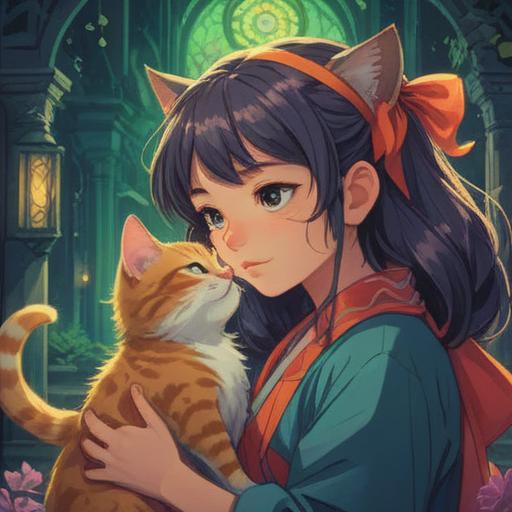 A charming illustration of a cat affectionately nuzzling against a person, ethereal glow surrounding them, hints of spiritual symbols in the background, soft light filtering through trees, warm and inviting atmosphere, a blend of affection and caution, serene expressions, detailed fur texture, 4k