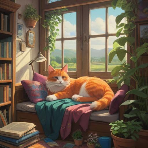 A cozy reading nook with a large window, sunlight streaming in, a fluffy cat lounging on a soft pillow, potted plants around, warm blankets draped over a comfortable chair, a bookshelf filled with books, a cup of tea on a small table, inviting atmosphere, peaceful ambiance, intimate setting, 4k