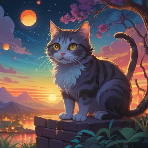 A mystical scene featuring a cat staring intently with captivating eyes, surrounded by shimmering energy, ethereal light emanating from its body, a serene forest background, soft glows and floating orbs, a feeling of connection and awareness, spiritual symbolism, magical ambiance, 4k