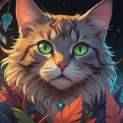 A mystical and serene scene featuring a cat with intense, captivating eyes, surrounded by a soft glowing aura, symbolic elements like feathers and crystals floating around, a tranquil home setting with gentle light filtering through, deep connection between the cat and the observer, ethereal atmosphere, rich details, emphasis on the spiritual significance, 4k