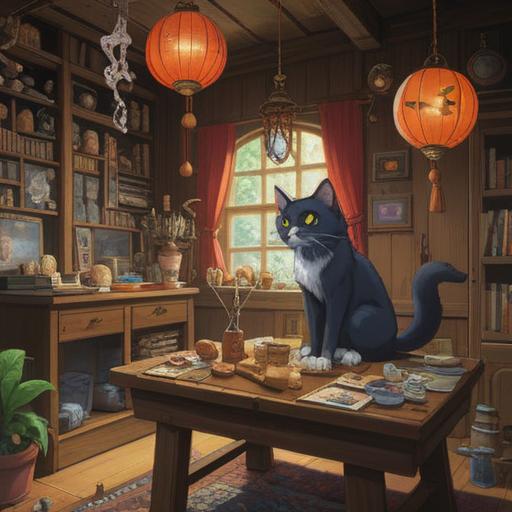 A serene indoor scene, a cat staring intently, a collection of lucky items displayed on a table, talismans and charms arranged neatly, soft light filtering through a window, a cozy atmosphere, warm colors, intricate details on the lucky items, the cat's eyes reflecting curiosity, 4k