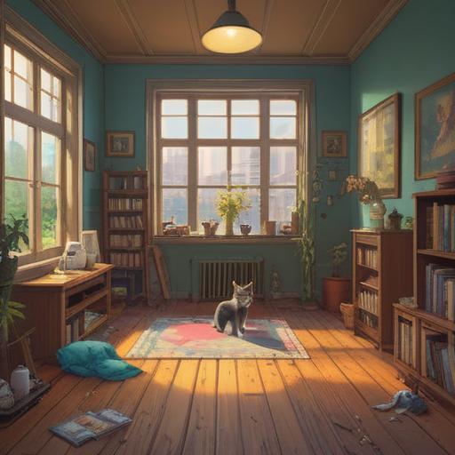A serene scene depicting a cozy room filled with various healing items for deepening bonds with cats, soft sunlight streaming through a window, a plush cat bed in the corner, soothing aromatherapy candles on a wooden shelf, gentle cat toys scattered around, a calming atmosphere, inviting colors, harmonious design, 4k