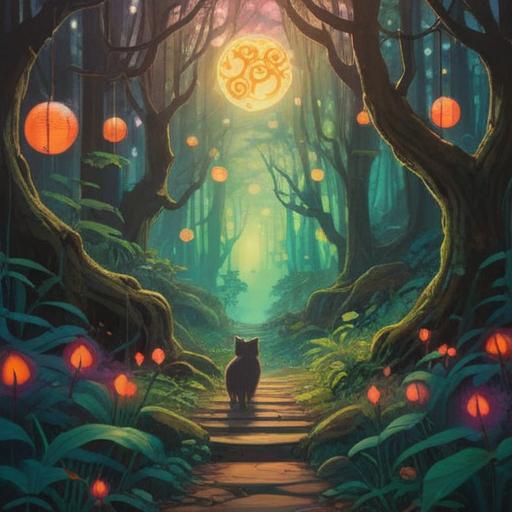 A mystical scene featuring a cat following a person through a serene forest, glowing orbs of light illuminating the path, subtle symbols of spirituality in the air, a feeling of connection and intuition, the person's expression reflecting curiosity and awareness, lush greenery, ethereal atmosphere, detailed forest undergrowth, enchanting spiritual imagery, 4k