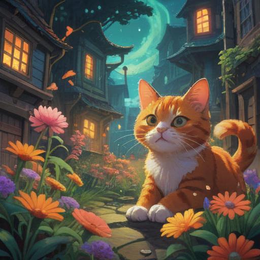 A magical scene of a cat playfully following its owner, vibrant lucky aroma swirling around, glowing herbs and flowers in the air, enchanting forest path, soft sunlight filtering through leaves, charming and whimsical atmosphere, colorful fragrances, detailed character expressions, 4k