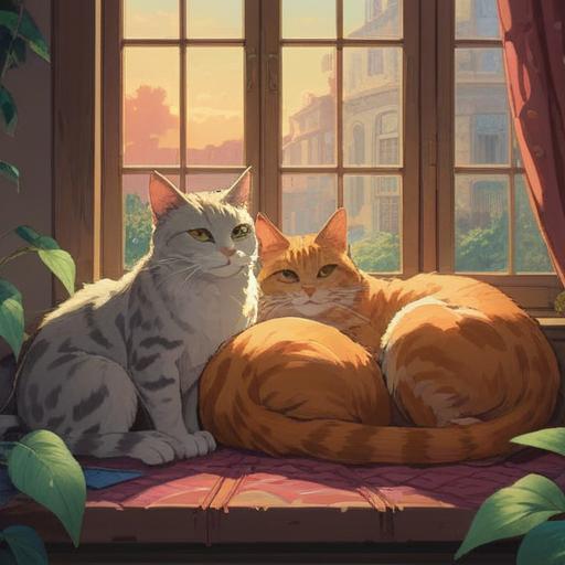 A serene illustration of two cats peacefully lounging together, representing harmony and companionship, soft ambient light filtering through a window, gentle colors symbolizing tranquility, a cozy interior filled with natural elements like plants and crystals, spiritual symbolism of connection and love, calming atmosphere, 4k