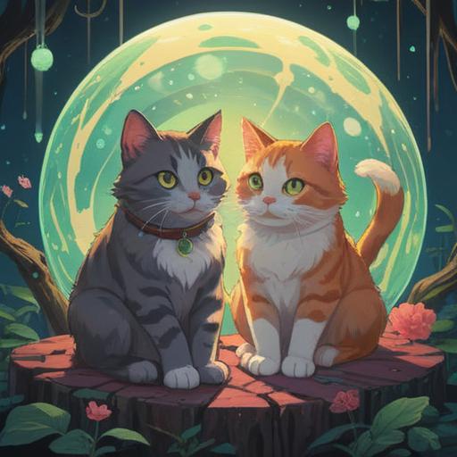 A serene illustration of two cats sitting together, surrounded by glowing orbs of light, ethereal atmosphere, gentle color palette, soft sunlight filtering through leaves, symbolic motifs of good fortune and spiritual connection, peaceful setting, 4k