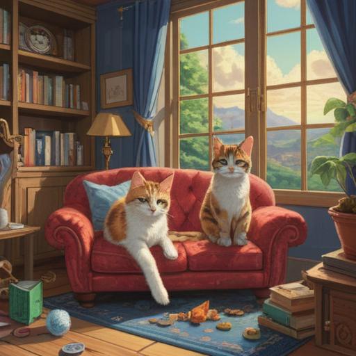 Two cats lounging together, a cozy living room setting, soft sunlight streaming through the window, decorative lucky charms scattered around, cat toys and a scratching post, a warm and inviting atmosphere, vibrant colors, playful interactions between the cats, detailed textures, 4k