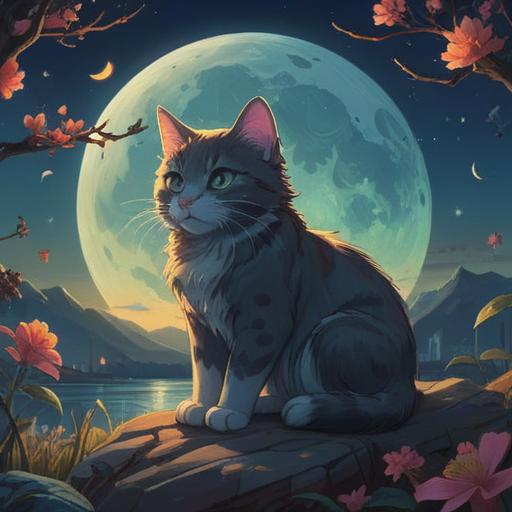 A serene nighttime scene with a mystical cat sitting under a full moon, illuminated by soft moonlight, surrounded by twinkling stars, ethereal glow, calming atmosphere, symbolic representation of spirituality, vivid colors, intricate patterns in the night sky, 4k
