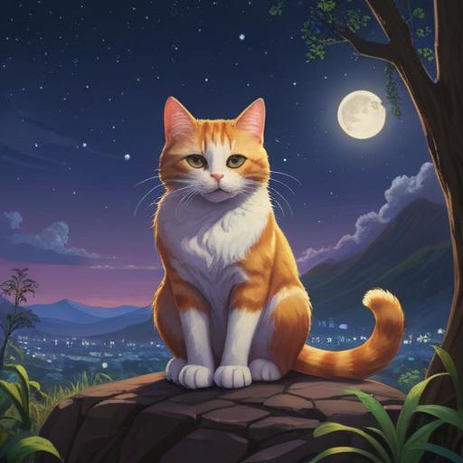 A spiritual illustration of a cat sitting peacefully under a moonlit sky, glowing stars surrounded by a serene night landscape, emphasizing a mystical atmosphere, symbolic elements representing good signs, gentle light illuminating the cat's fur, enchanting aura, lush greenery and soft shadows, tranquil setting, 4k