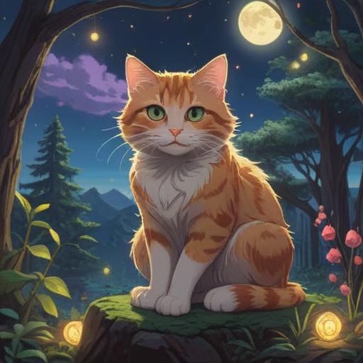 A cautious cat sitting under a starlit sky, surrounded by glowing spiritual signs and symbols, a mystical forest backdrop, soft moonlight illuminating the scene, the cat's eyes wide with intrigue, ethereal atmosphere, enchanting details, vibrant colors, 4k