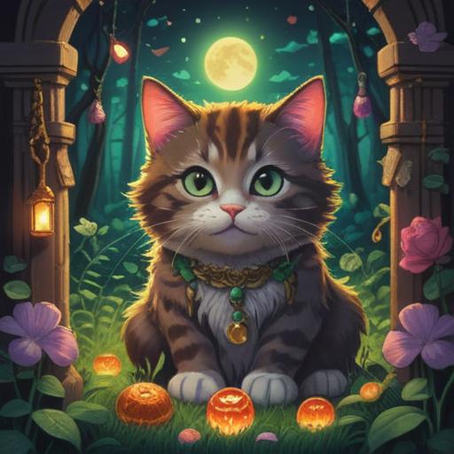 A magical night scene featuring a cat with glowing eyes, surrounded by lucky charms like four-leaf clovers and dream catchers, a starry sky with a full moon illuminating the landscape, enchanting atmosphere, soft glowing light, whimsical elements, serene nighttime setting, detailed textures, 4k