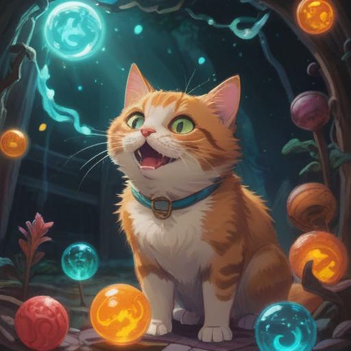 A serene illustration of a cat meowing softly, surrounded by glowing orbs of light, ethereal atmosphere, signs of good luck and positivity, lush greenery in the background, gentle rays of sunlight filtering through leaves, calming color palette, symbolic elements representing spirituality and harmony, 4k
