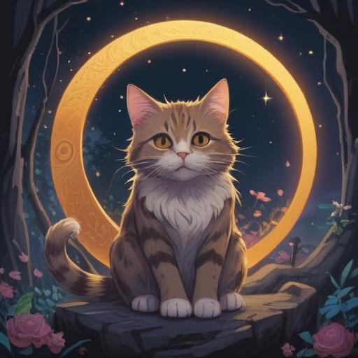 A serene scene featuring a mystical cat sitting under a crescent moon, its fur shimmering with ethereal light, surrounded by soft glowing orbs representing spiritual energy, grass gently swaying in the breeze, deep twilight colors, an atmosphere of calm and introspection, highlighting the connection between the feline and the spiritual realm, evocative of spiritual awareness, 4k