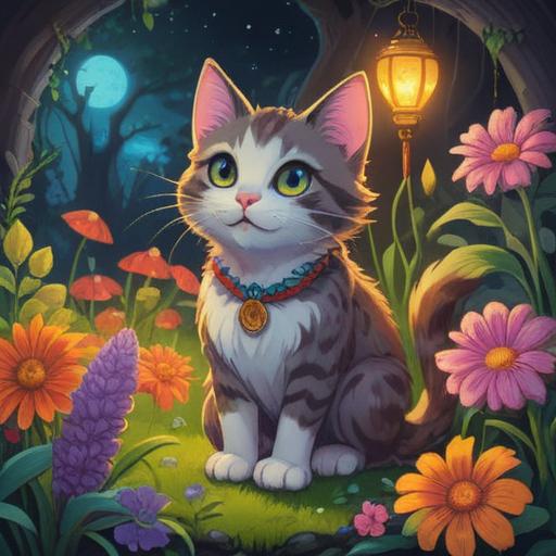 A whimsical illustration of a lucky item after a cat meows, a delicate amulet glowing softly, surrounded by vibrant flowers, a curious cat peeking nearby, warm sunlight illuminating the scene, a sense of magic and fortune, intricate details, 4k