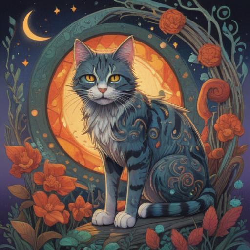 A serene and mystical illustration featuring a cat with intricate patterns, showcasing its spiritual significance, surrounded by ethereal symbols and vibrant colors, soft light illuminating the scene, a tranquil environment with gentle floral elements, representing harmony and intuition, 4k